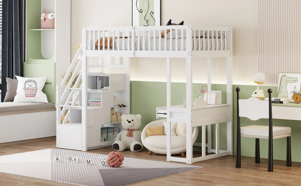 Letto a soppalco 90x200 cm con scrivania multifunzione e scala contenitore in pino massiccio bianco per bambini e ragazzi