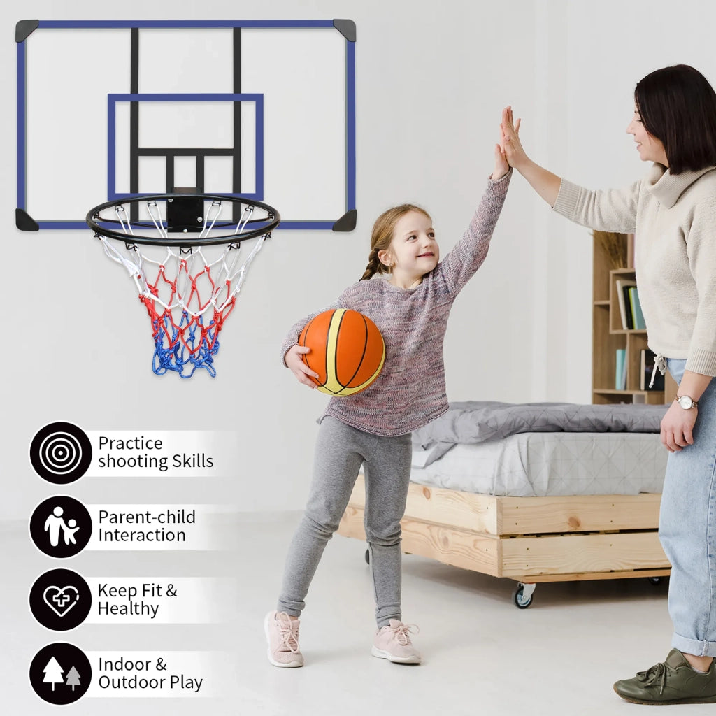 Canestro da basket a muro con tabellone infrangibile e anello, 112x72 cm, per interni ed esterni