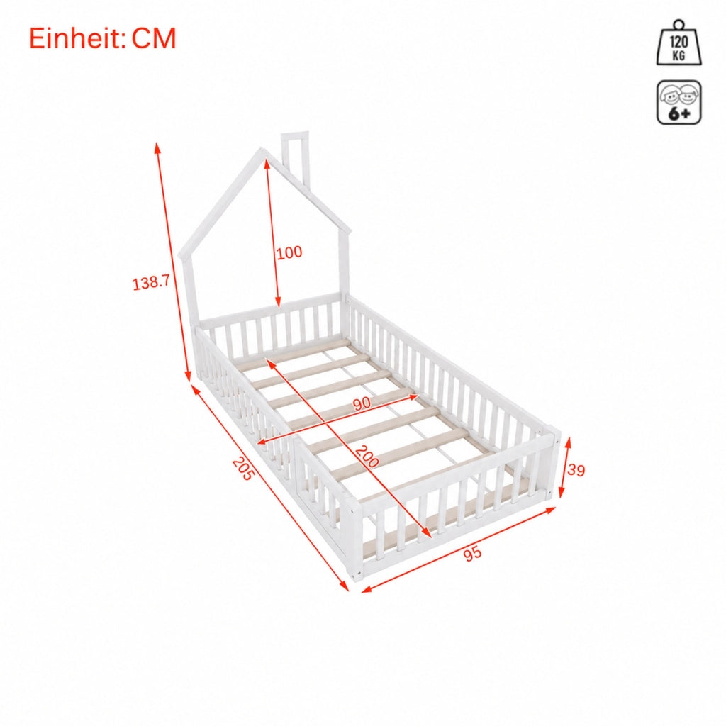 Letto per bambini a casetta 90 × 200 cm con rete a doghe in legno bianco con camino e barriera di sicurezza
