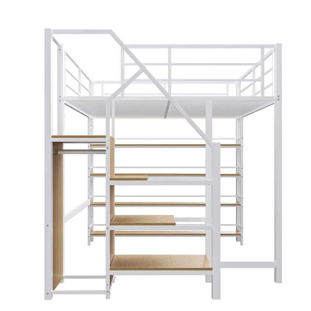 Letto a soppalco 140 × 200 cm con scala contenitore in MDF e metallo bianco armadio e ripiani per cameretta