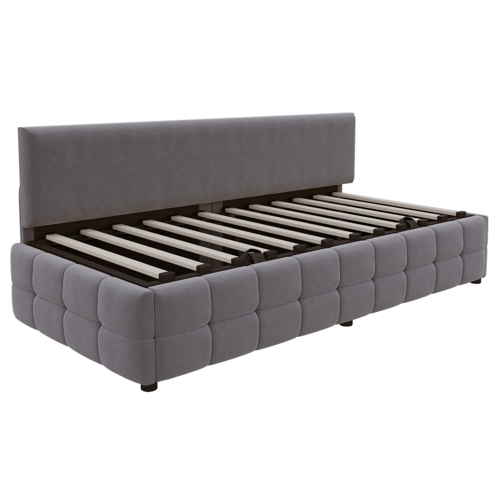 Letto singolo imbottito 90x200 cm con contenitore idraulico, velluto grigio scuro