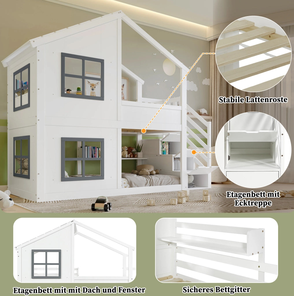 Letto a castello per bambini con scala contenitore a 3 gradini, finestrini e tetto, struttura in pino e MDF, bianco e grigio, 90x200 cm