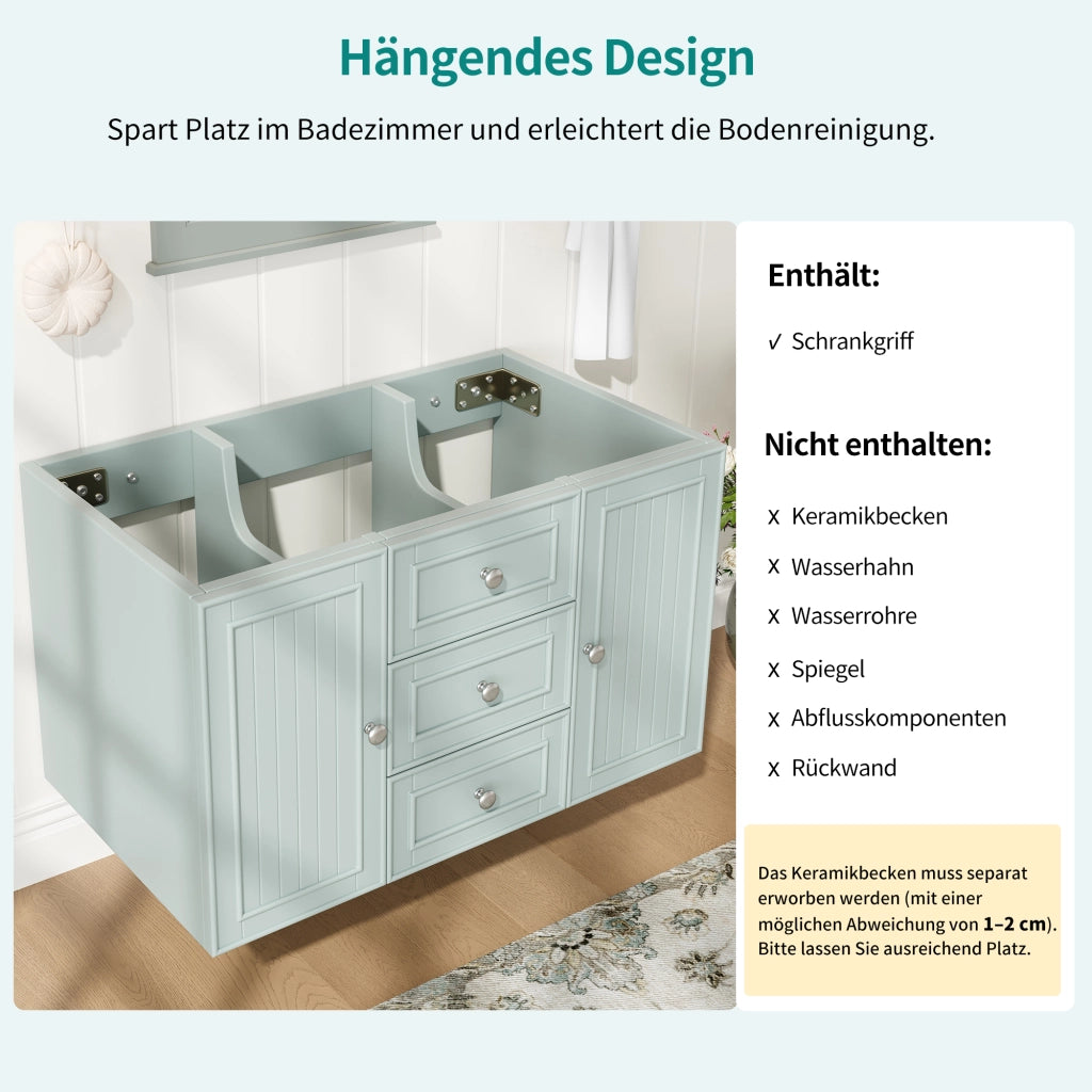 Mobile per lavabo singolo sospeso con cassetti; vano laterale e maniglie in metallo in MDF verde 78.5 × 46 × 46.8 cm