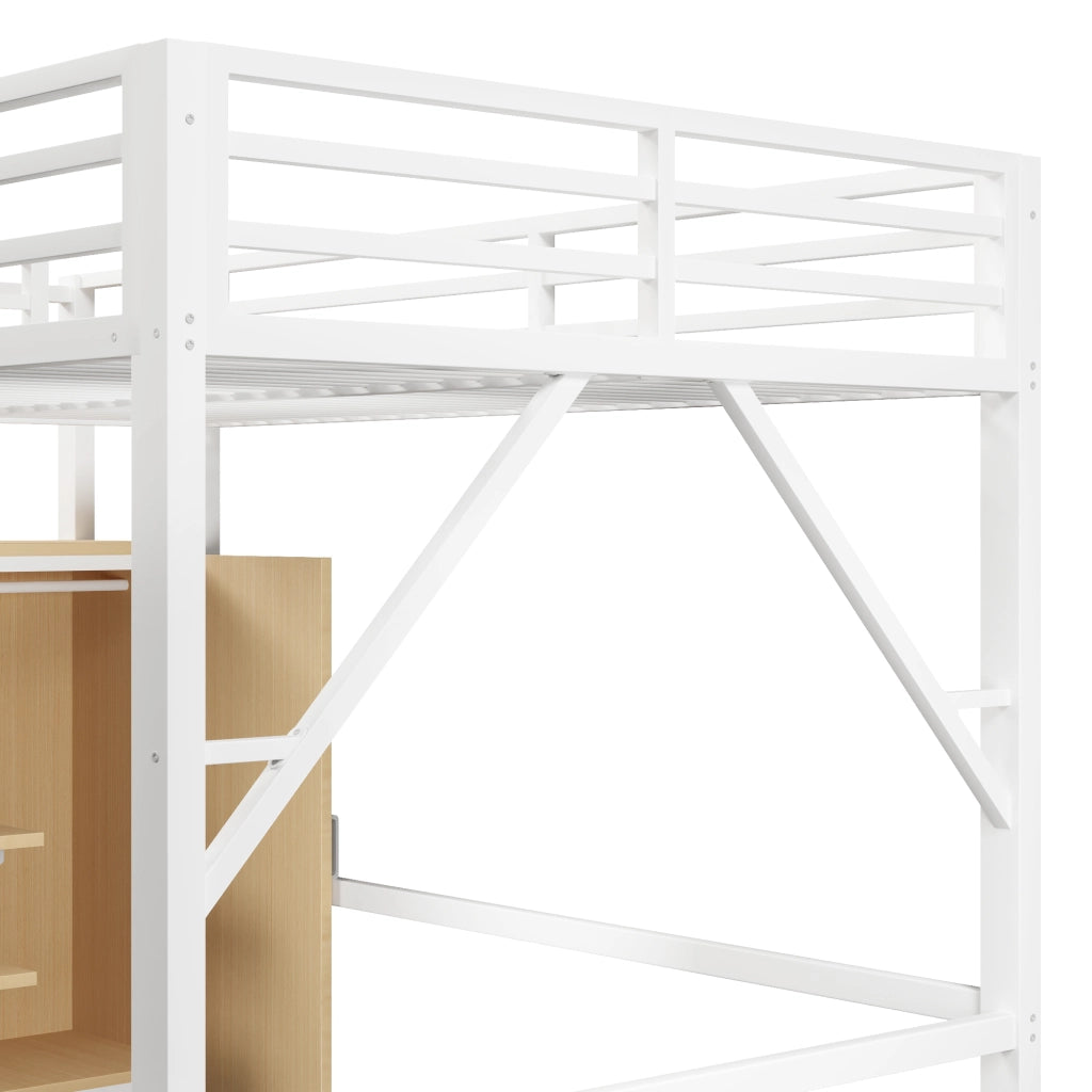 Letto a soppalco 140 × 200 cm in metallo e MDF bianco con armadio ripiani scala contenitore e luci LED