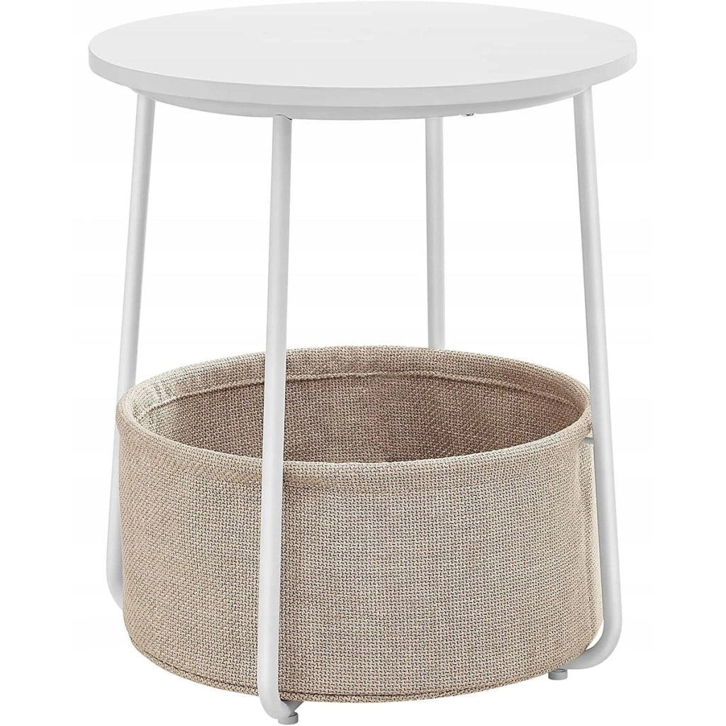Tavolino da caffè rotondo bianco con cesto portaoggetti beige