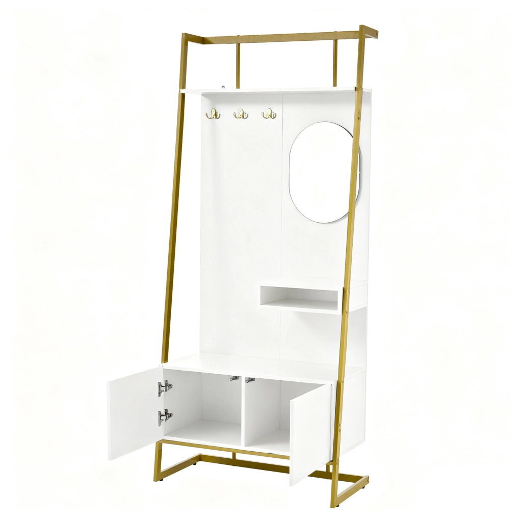 Garderoba compatta bianca con specchio, appendiabiti in metallo e vano porta scarpe, design minimalista per ingresso
