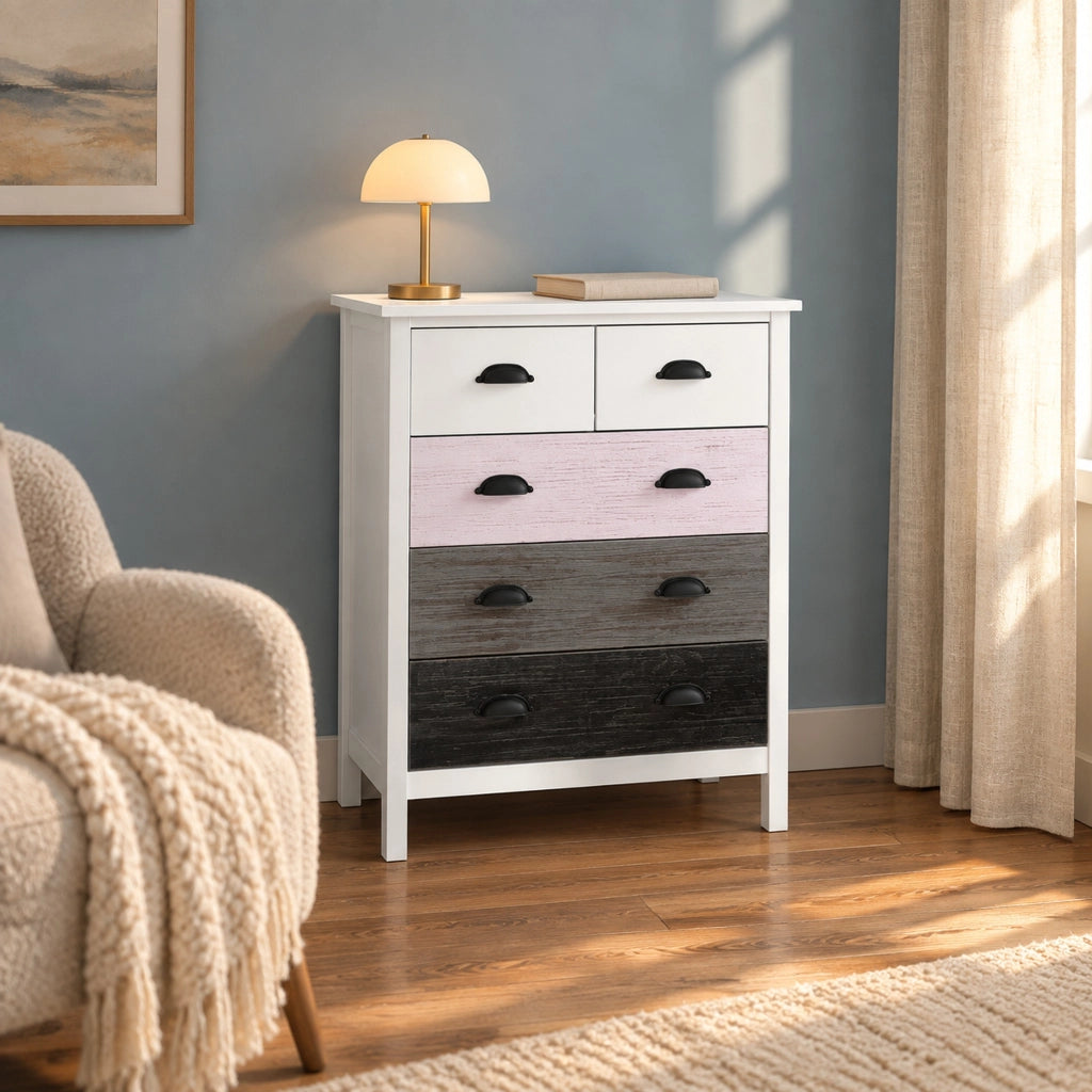 Cassettiera bianca con 5 cassetti e dispositivo anti-ribaltamento 70x38x85 cm per soggiorno e camera da letto