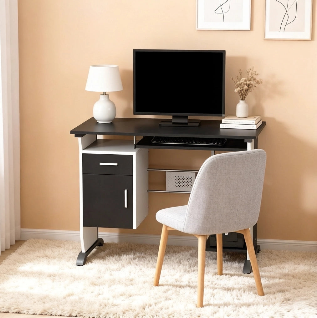 Scrivania ULEVR 100x52x75 cm con ripiano estraibile, cassetto e vano per unit¨¤ centrale, MDF e metallo