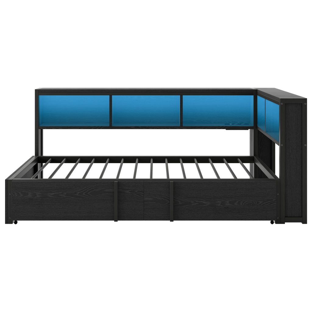 Letto divano singolo 90 × 200 cm con letto estraibile, 5 armadietti, LED regolabile e USB, senza materasso, nero