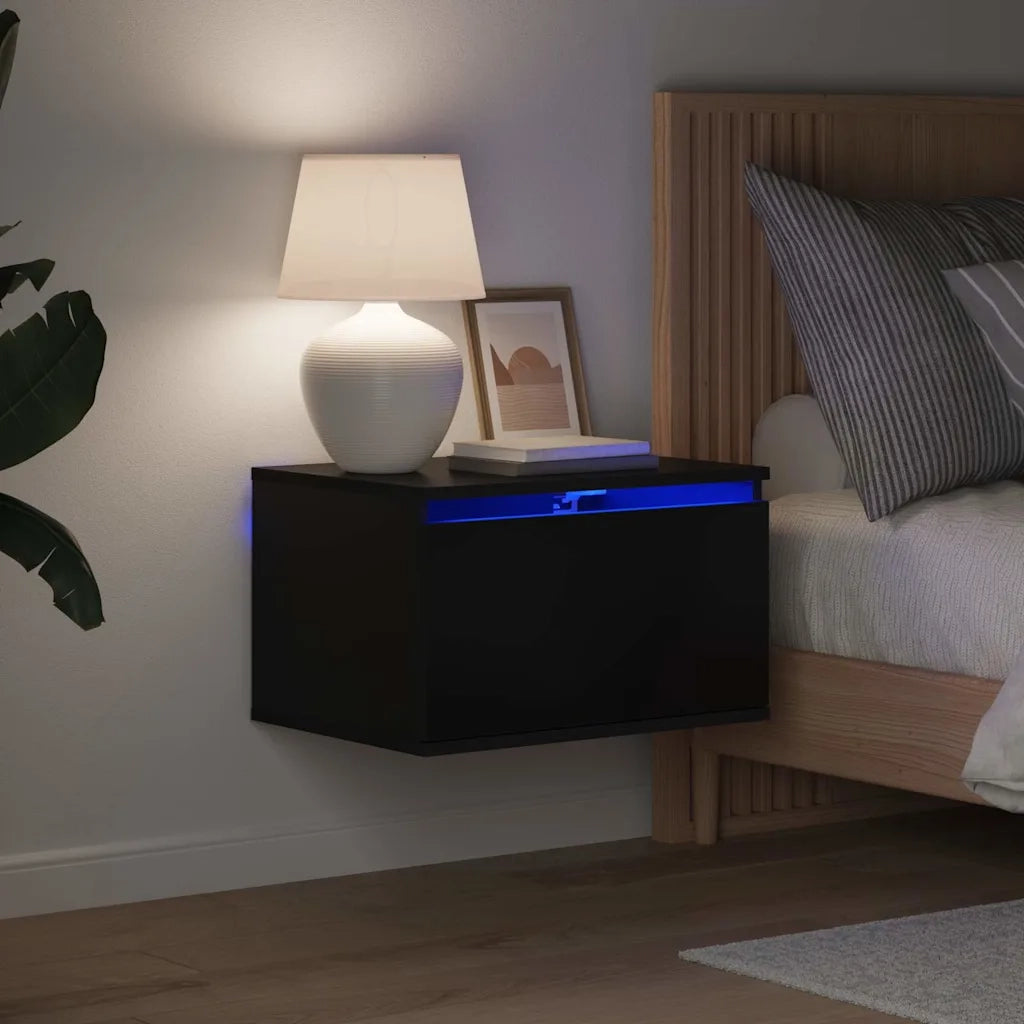 Comodini a Parete con Luci LED 2 pz Neri 836829