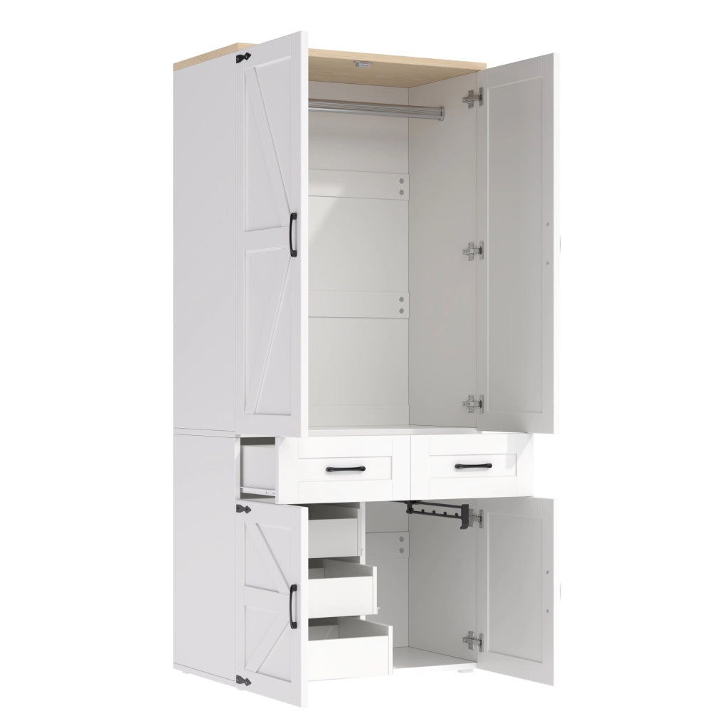Armadio con 4 ante, 2 bastoni appenderia e 5 cassetti, 90x50x200 cm, stile country bianco