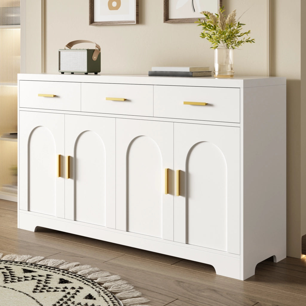 Madia 4 ante con rilievo ad arco; 3 cassetti; ripiani regolabili e maniglie dorate in MDF bianco 140 × 40 × 83 cm