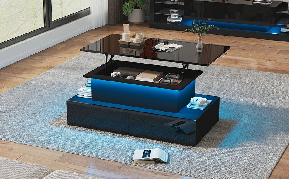 Tavolino da caffè con luci led nero lucido 4 cassetti 90x55x41 cm