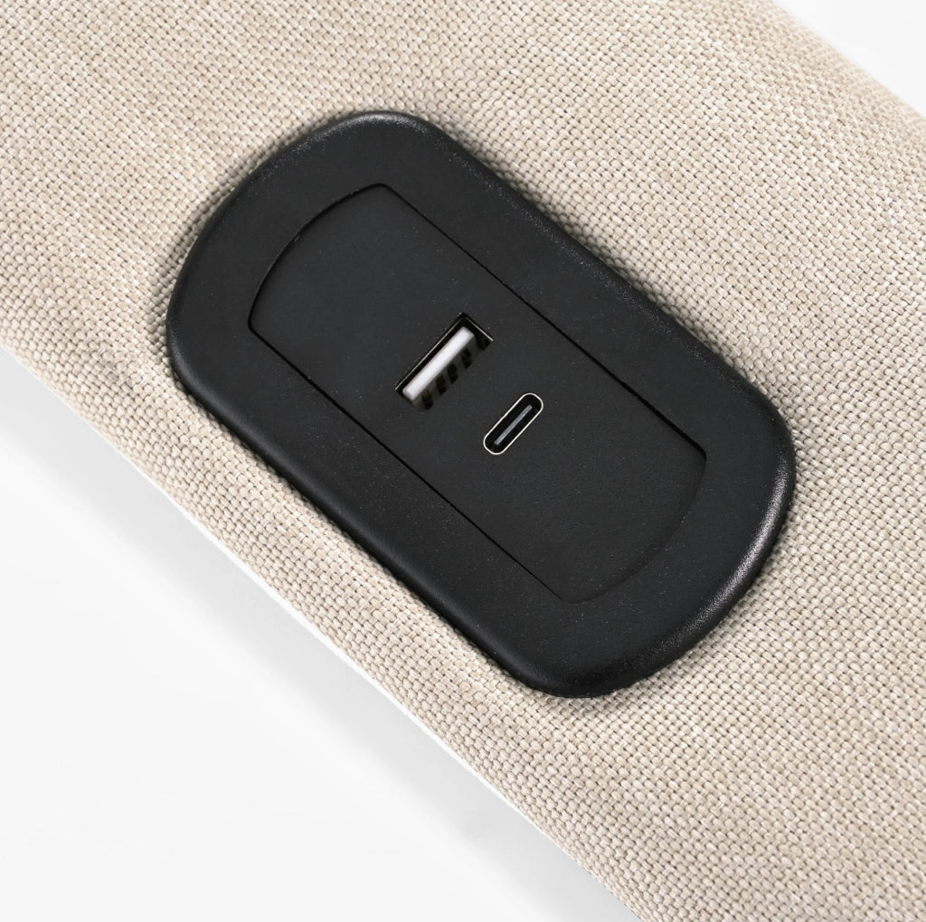 Letto imbottito LED 140x200 con porta USB e Type-C; contenitore; beige