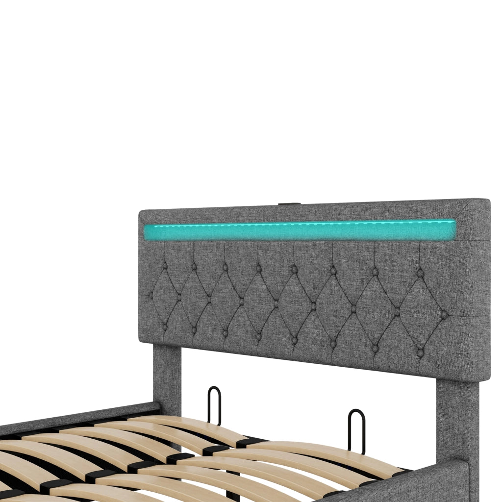 Letto contenitore 140 × 200 cm imbottito con sollevamento idraulico LED USB e USB-C in lino grigio