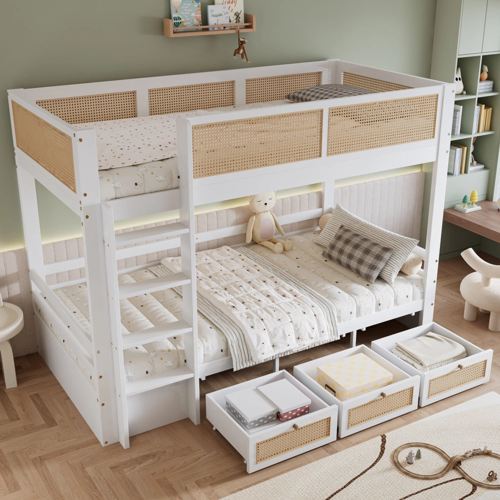 Letto a castello per bambini 90 × 200 cm 2 posti con 3 cassetti, scala a 4 gradini e barriere, senza materasso