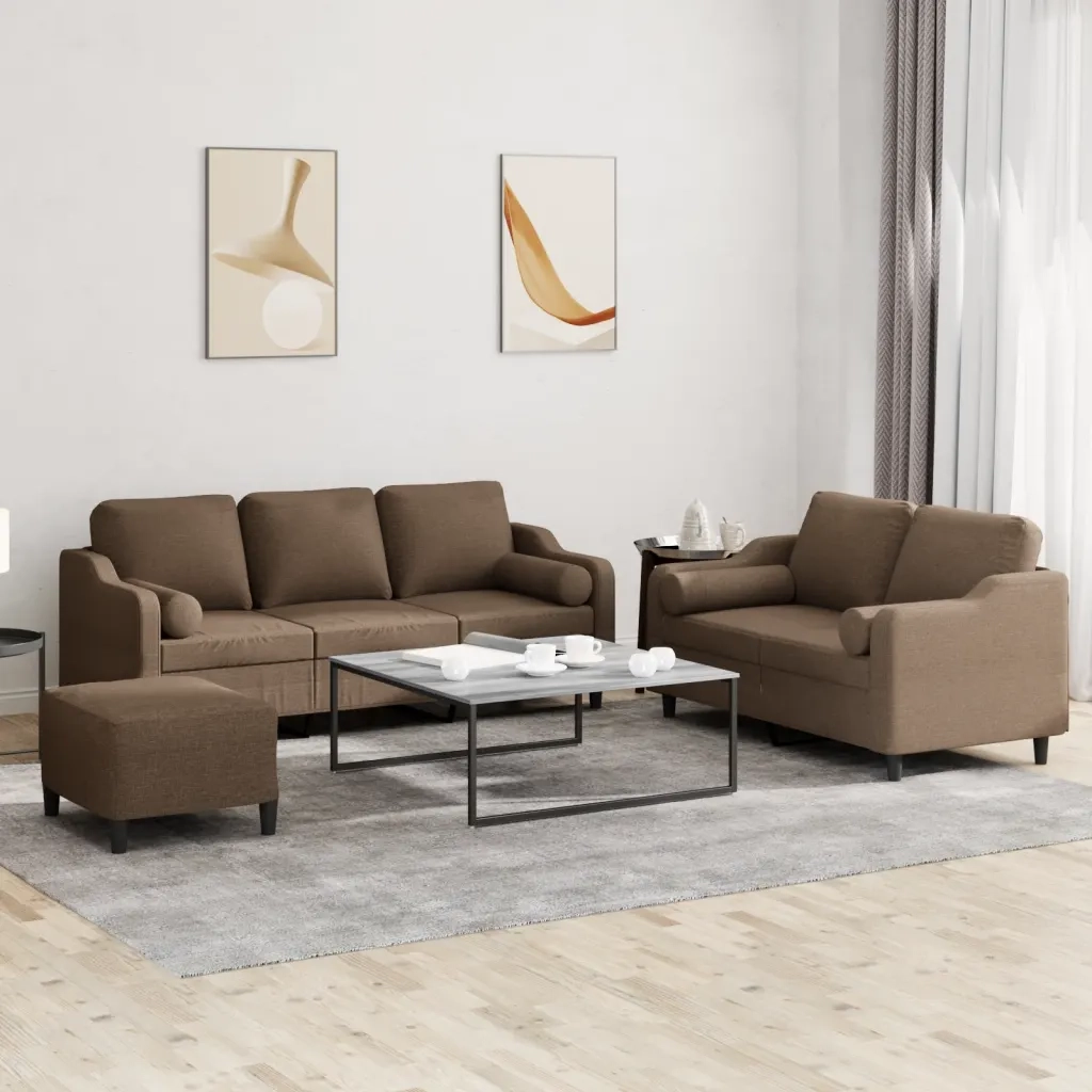 Set di Divani 3 pz con Cuscini Marrone in Tessuto