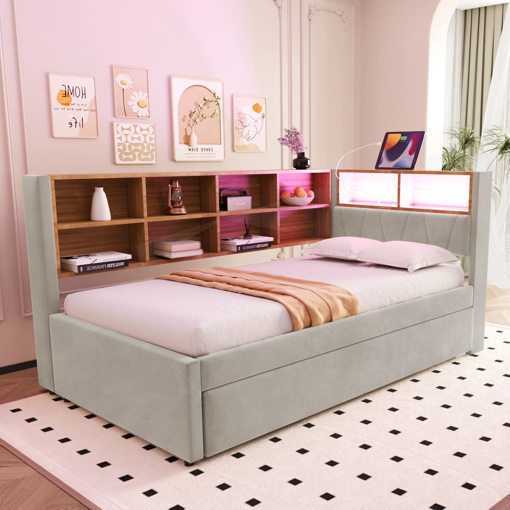 Letto con letto estraibile 90 × 200 cm con secondo letto 90 × 190 cm LED porte USB e prese grigio chiaro