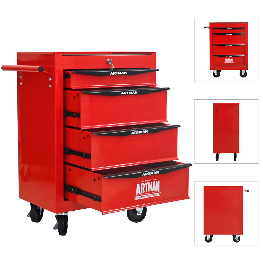 Armadio portautensili in acciaio con 4 cassetti e ruote, 60x33x77,5 cm rosso e nero
