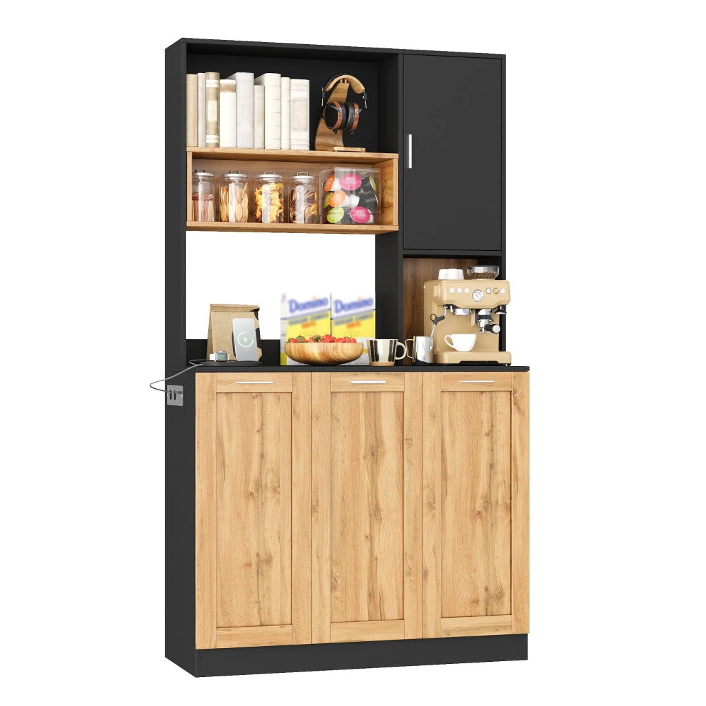 Armadio da cucina alto 100x40x180 cm con illuminazione LED e prese, ripiani regolabili, vetrina per soggiorno e sala da pranzo