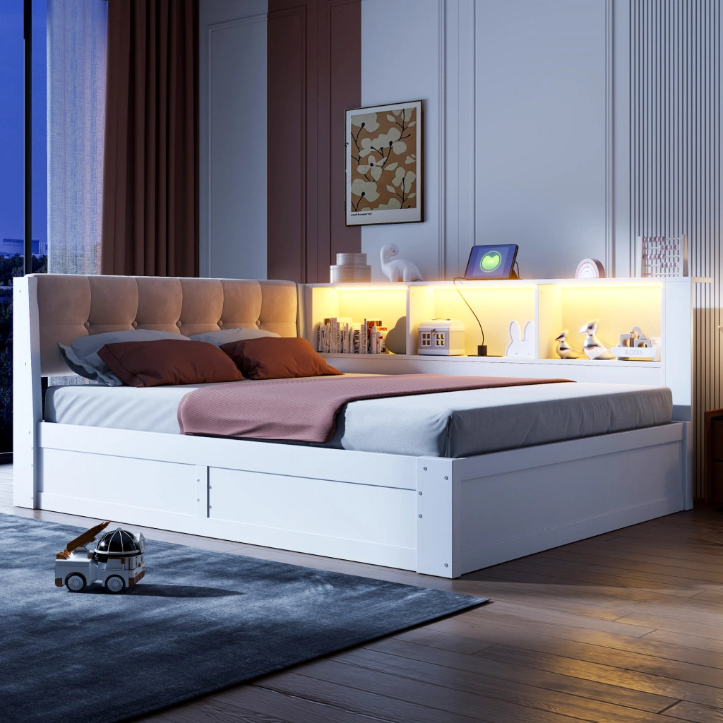 Letto da giorno 140 × 200 cm con contenitore idraulico in legno bianco LED USB e scaffale laterale