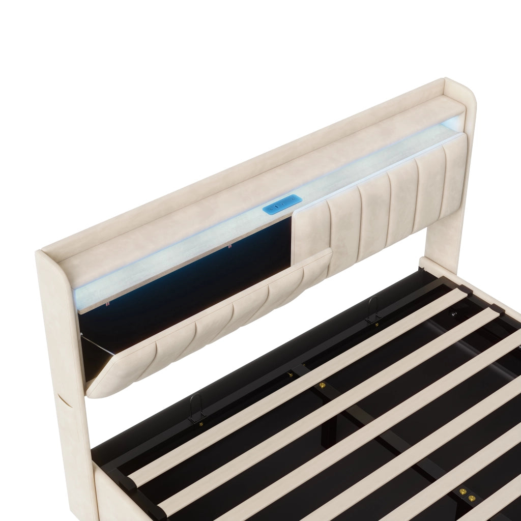 Letto matrimoniale contenitore 160x200 cm imbottito LED USB alzata idraulica testiera letto matrimoniale rete a doghe velluto beige