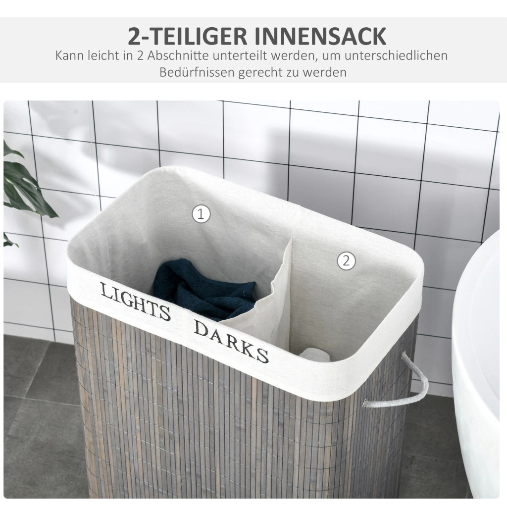 Cesto porta biancheria in bambù 100L con 2 scomparti, coperchio pieghevole con maniglia, sacco interno estraibile e lavabile, grigio