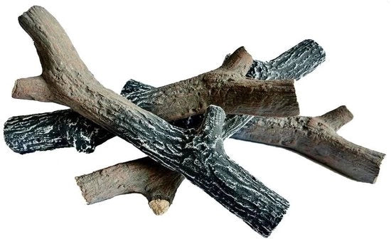 Set di Blocchi in Cotto di Legno - 4 pezzi - Resistente al Calore - Imitazione del Legno - Struttura del Legno Autentica - 25,5 x 8,0 x 3,5 cm - Colori Naturali - Legna da Caminetto