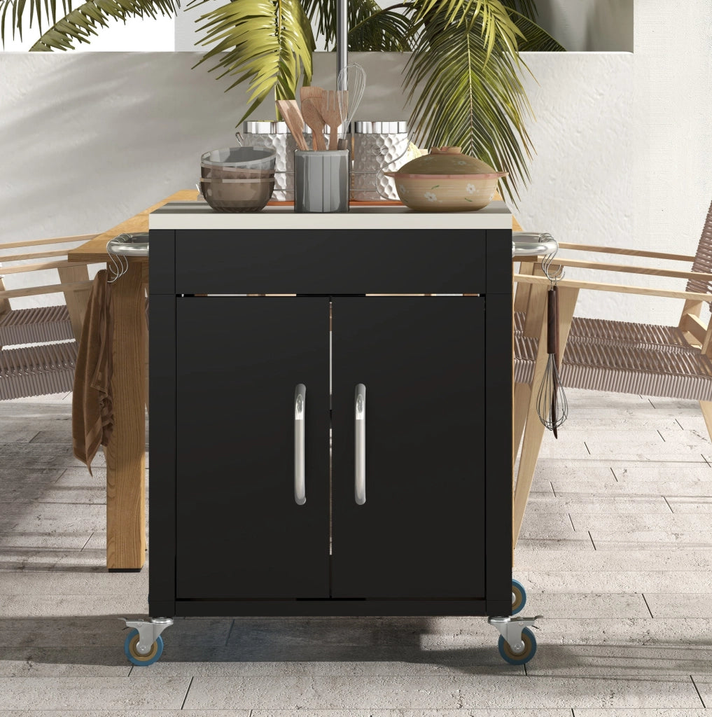 Carrello da cucina nero con ruote, armadietto, 6 ganci e piano in acciaio inox 86x50x86,5 cm