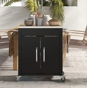 Carrello da cucina nero con ruote, armadietto, 6 ganci e piano in acciaio inox 86x50x86,5 cm