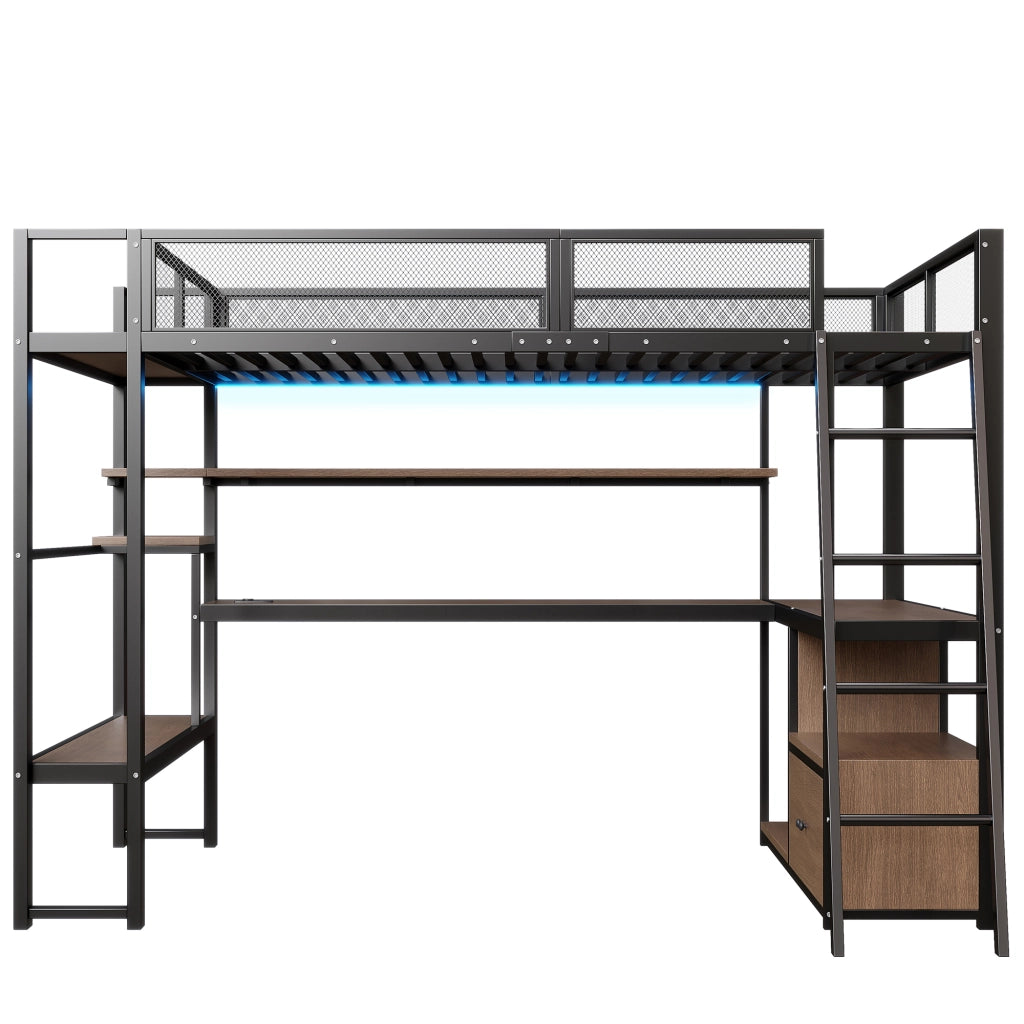 Letto a soppalco 140x200 con scrivania integrata; luci LED; struttura in metallo nero e vani contenitore