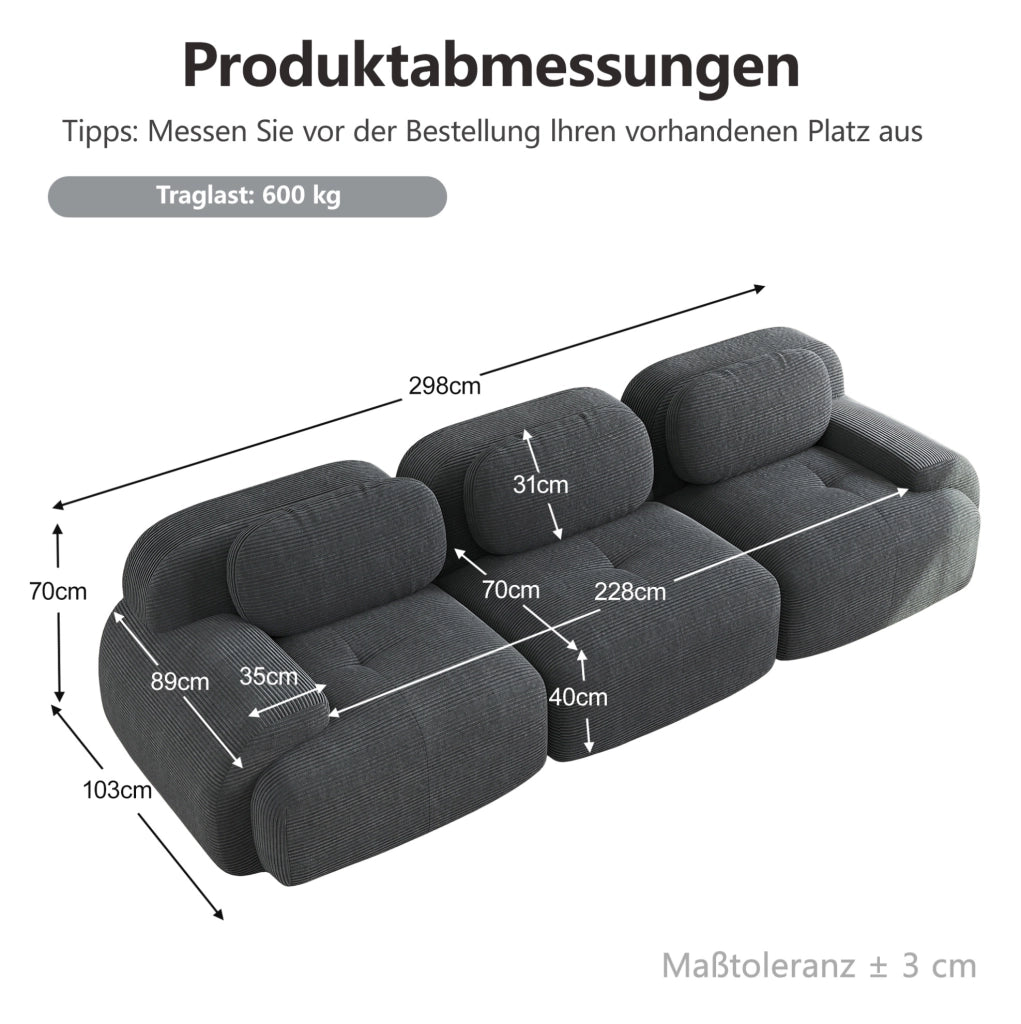 Divano modulare 3 posti 298x103x70 cm in tessuto grigio senza montaggio, per soggiorno –