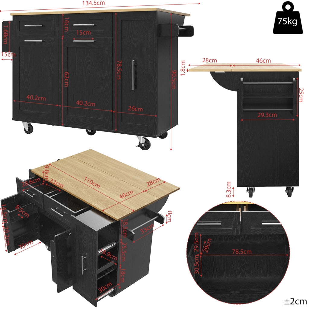 Isola da Cucina con Piano Pieghevole e Ruote Bloccabili 110 x 46 x 90.5 cm Nera - per Cucina