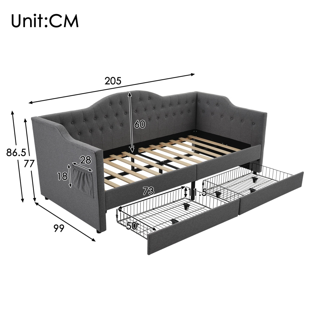 Letto imbottito con USB Type-C, 2 cassetti e design salvaspazio