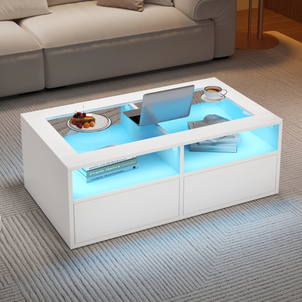 Tavolino da salotto con LED e vetro temperato 100x50x35 cm componibile bianco