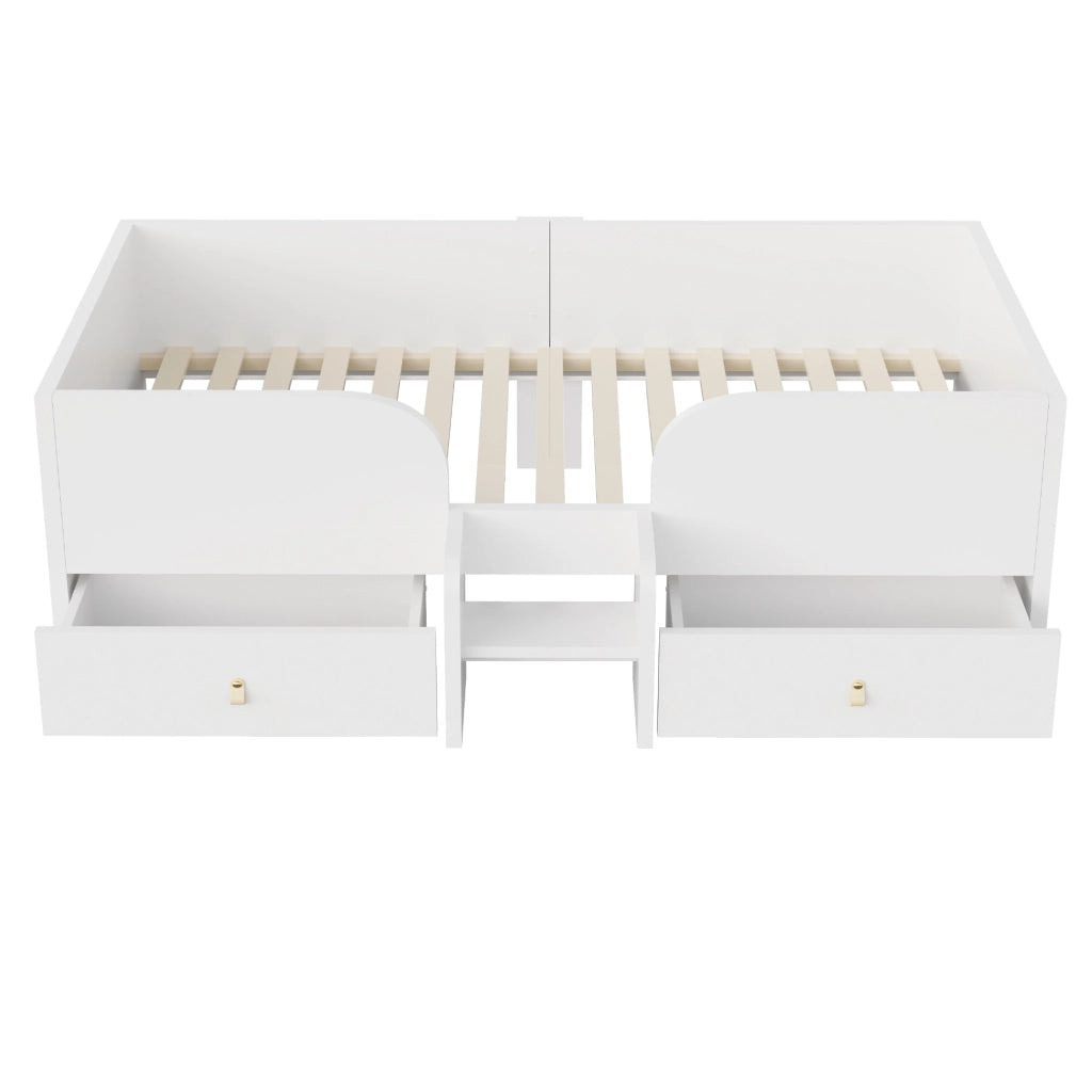Letto per bambini 90x200 cm con 2 cassetti e scaletta di sicurezza; MDF e compensato bianco