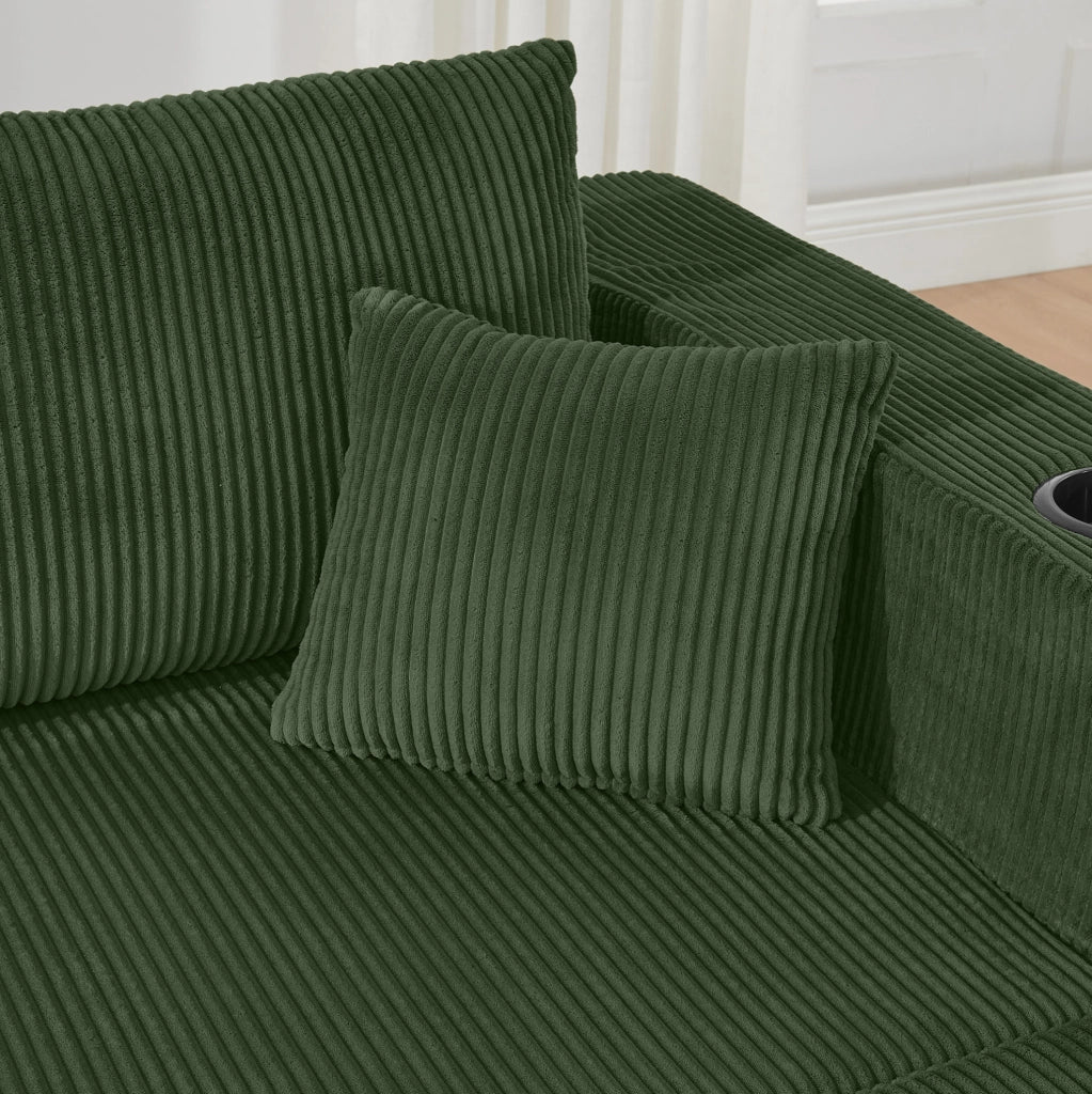 Divano angolare modulare 3 posti con 2 pouf mobili; portabicchieri e tasche laterali; verde