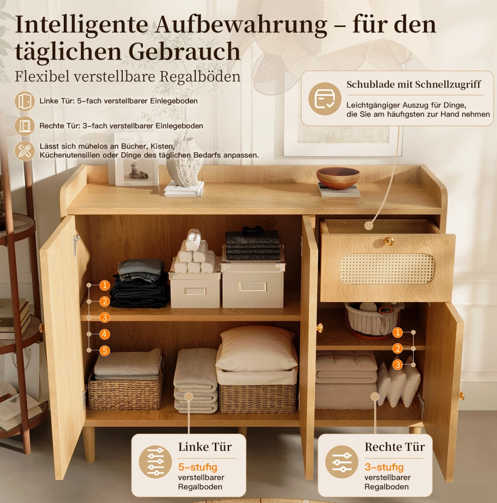 SIDEBOARD 120x40x91 cm MDF Color Rovere con Intreccio in Rattan e Cassetto