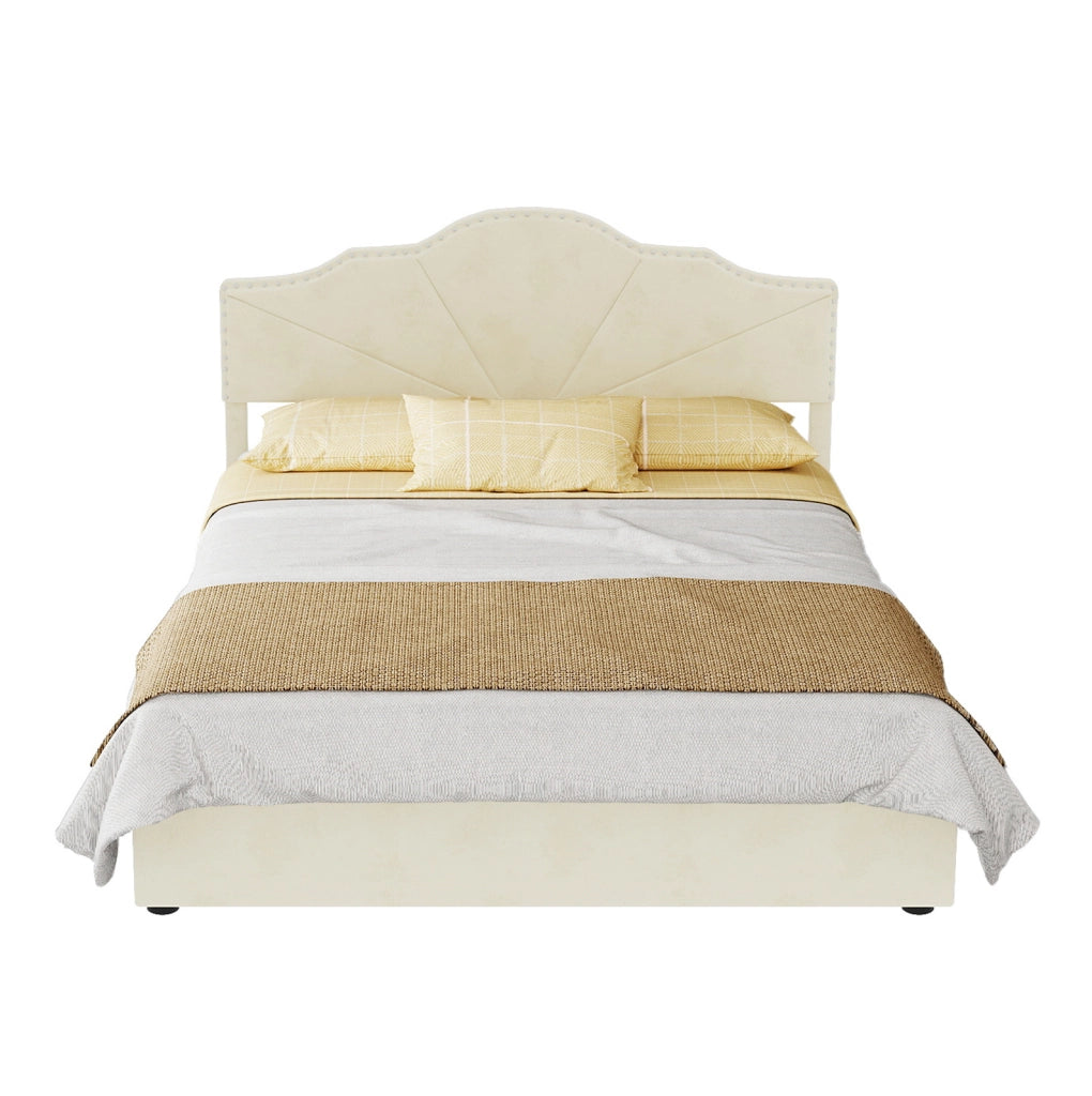 Letto moderno beige 140x200 cm con testiera imbottita e contenitore con pistoni idraulici, struttura in legno multifunzionale senza materasso
