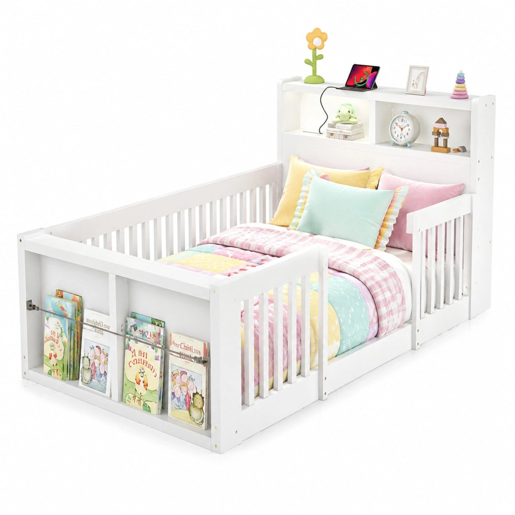 Letto singolo 90 × 190 cm con sponde alte USB luce notturna vano portoggetti ai piedi in legno bianco