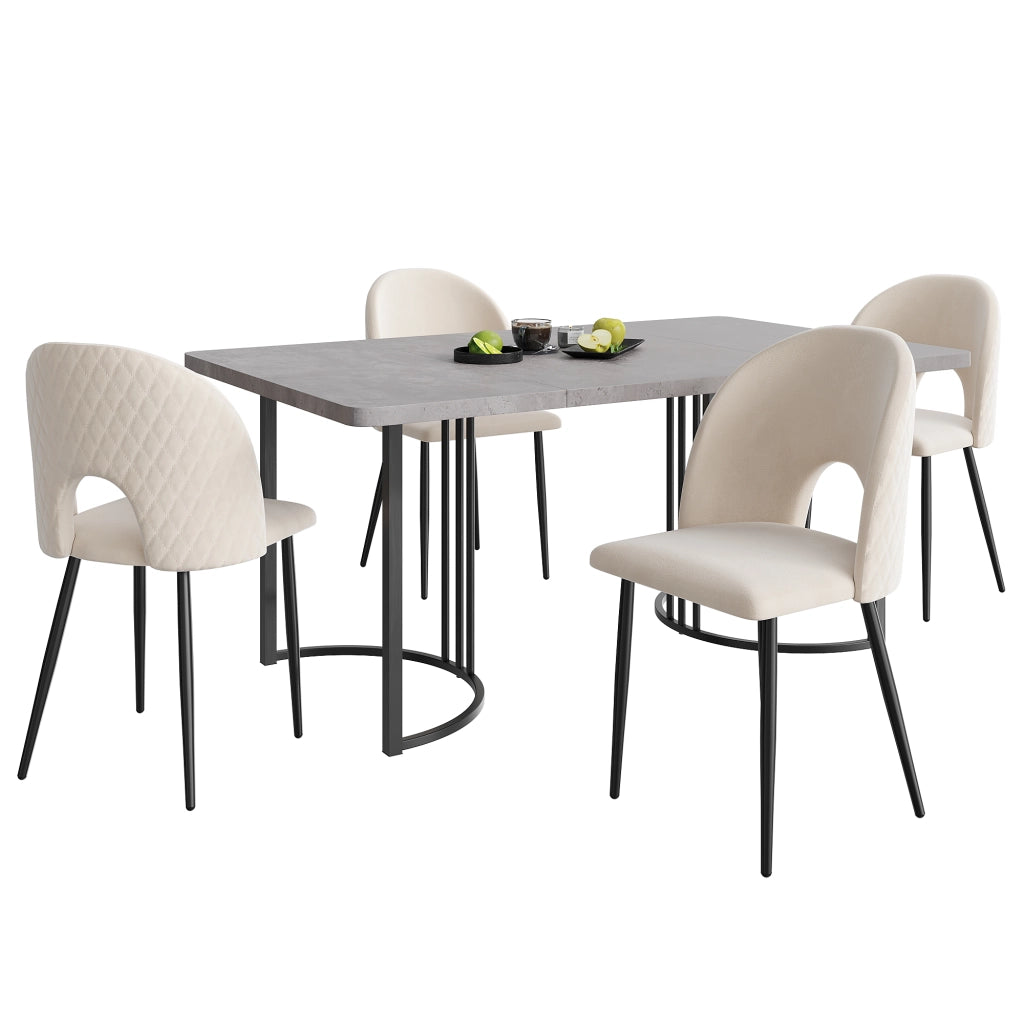 Set tavolo da pranzo 140x80 cm con 4 sedie in velluto beige, piano effetto marmo e gambe regolabili