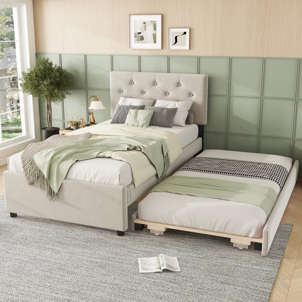 DESMIU Letto estraibile Letto singolo 90 × 200 cm 1 posto con letto aggiuntivo, senza materasso, velluto, beige