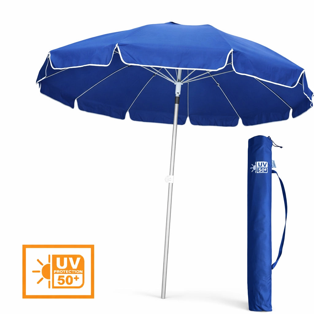 Ombrellone Mare Spiaggia 200 cm 12 Stecche Antivento Alluminio UV50+ Inclinabile Custodia Blu
