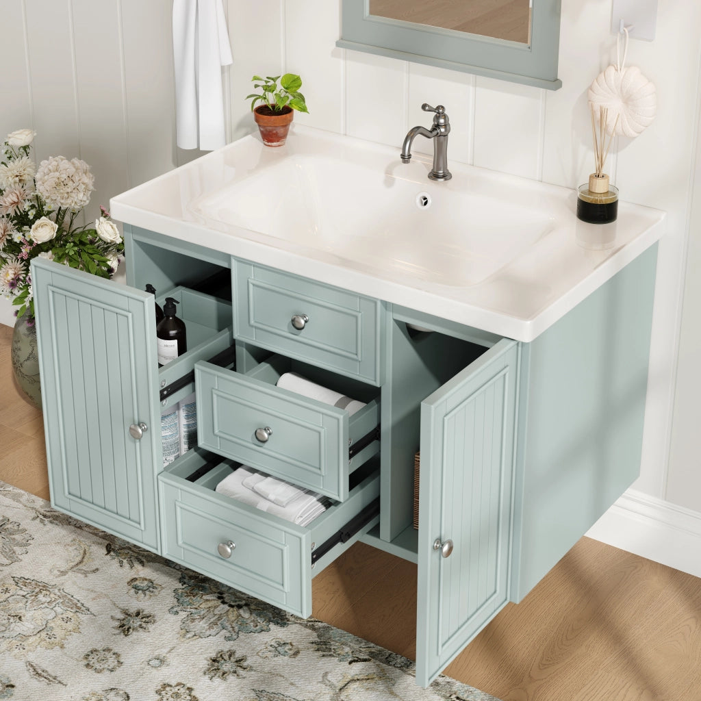 Mobiletto con lavabo sospeso in MDF verde con lavabo in ceramica e vano laterale 78.5 × 46 × 46.8 cm