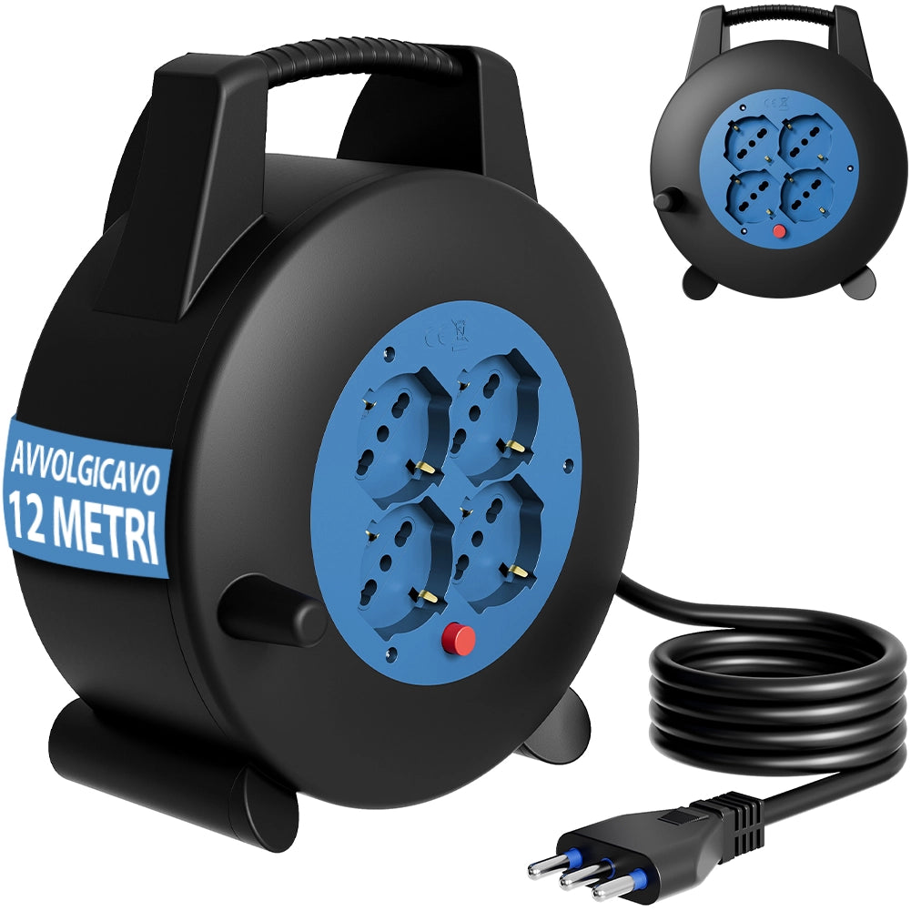 Avvolgicavo Multipresa 12 Metri con Interruttore di Protezione Prolunga e 4 Prese Nero e Blu