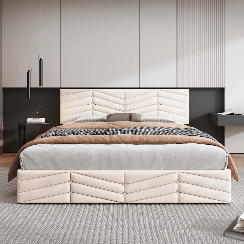 Letto matrimoniale imbottito 140 × 200 cm 2 posti con testiera regolabile, senza materasso, in velluto beige