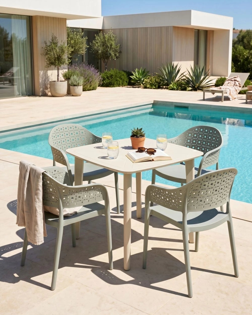 Set di 4 sedie da giardino in materiale sintetico verde chiaro impilabili per interni ed esterni stile classico