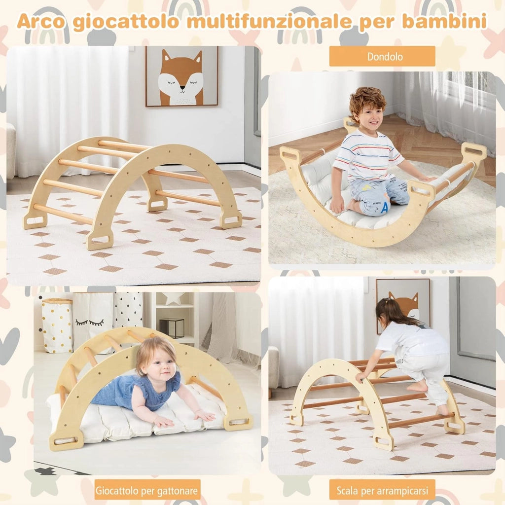 Arco da Arrampicata per Bambini, 2 in 1 Altalena ad Arco in Legno con Cuscino Morbido, Doppia Faccia, Ideale per Bambini 1+ Anni (Naturale)