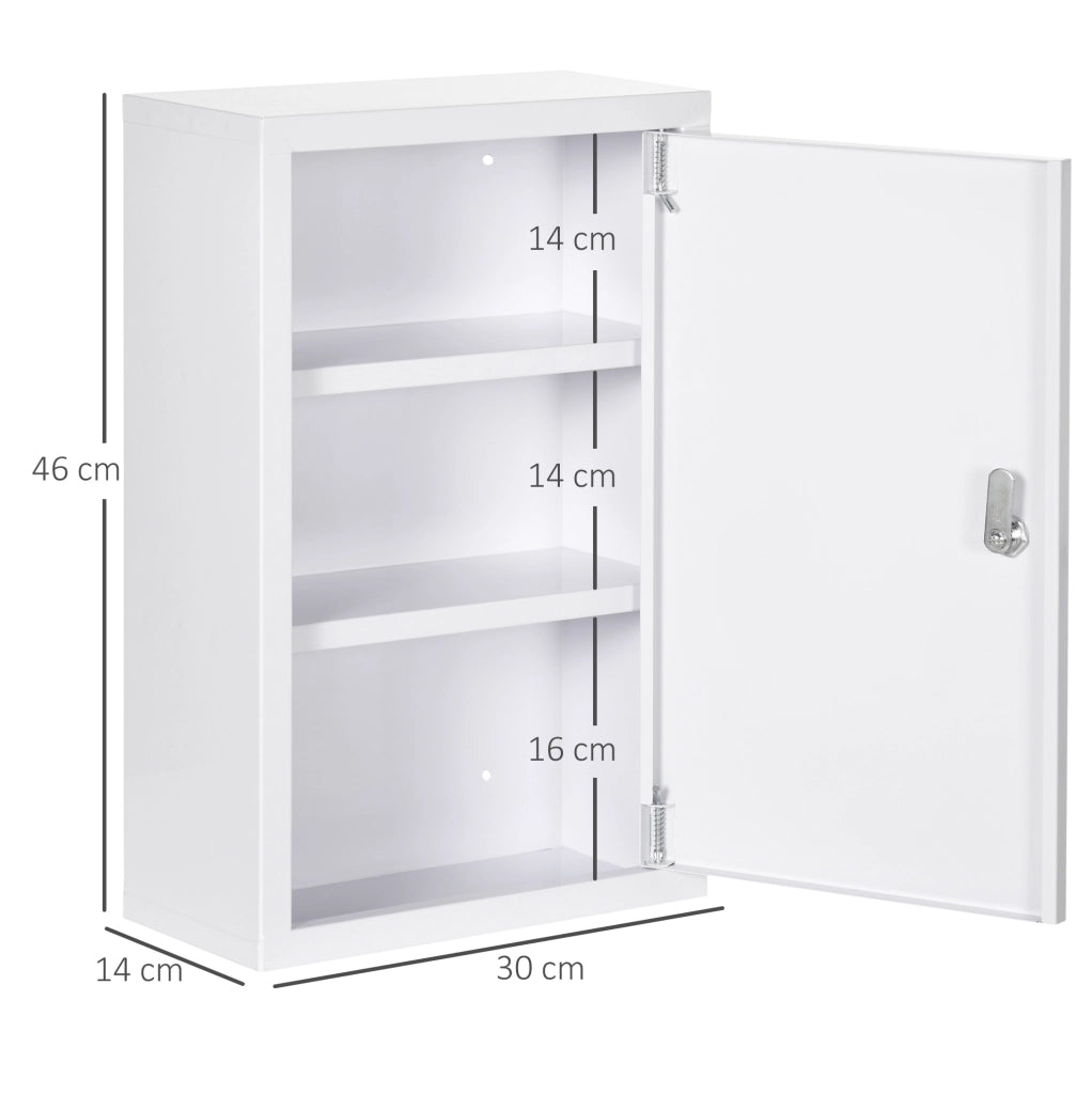 Armadio medicinale in acciaio bianco 30x14x46 cm con 3 ripiani, con chiusura a chiave e sicurezza bambini