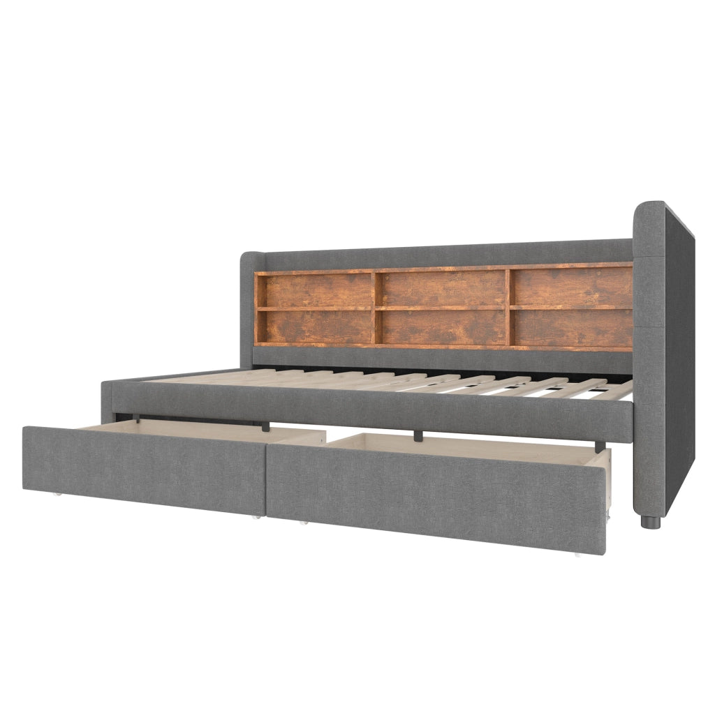 Letto 90x200 cm con 2 cassetti e USB; Type C in lino